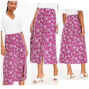 Loft Floral Front Side Slit Midi Skirt Pink and White A-Line High Rise Size 12